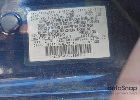 2019 Nissan Versa 1.6 Sv z USA, uszkodzony, nr VIN 3N1CN7AP8KL880327